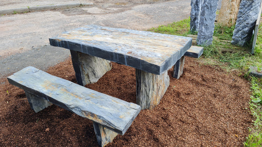 Schiefertisch Bank Sitz Natursteintisch Gartenmöbel Naturstein